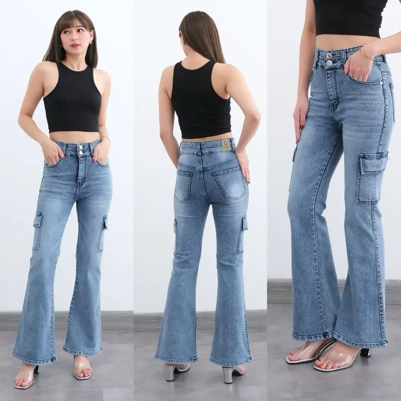 Celana Cutbray Cargo Pinggang Highwaist kancing 2 Kezya Jeans Wanita Karet Panjang Denim Cewek Dewasa