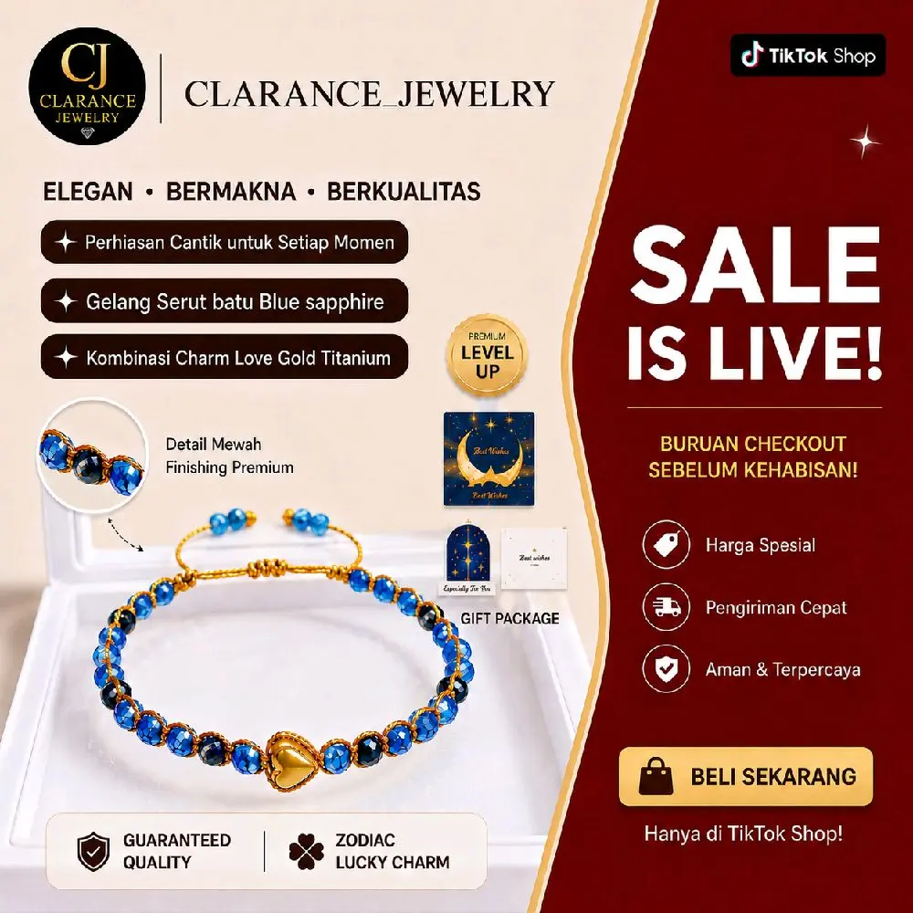 Clarancejewelry // Gelang Serut Batu Alam Blue Sapphire Kombinasi Charm Love Gold Titanium