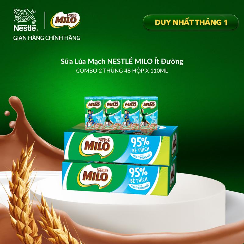  Nestlé VN Combo 2 Thùng Sữa Lúa Mạch MILO Ít Đường 48 Hộp x 110ml 