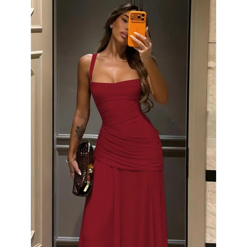 Vestido largo sin mangas de color sólido con lazo en la espalda para mujer, vestido ajustado con tirantes cruzados y cordones en la espalda, diseño minimalista, ideal para fiestas, clubes, citas, eventos formales, vestidos casuales para damas, moda para t - Foto 8