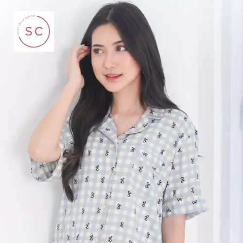 SECRET CHARM SETELAN PIYAMA DEWASA BAJU TIDUR WANITA BLUE BUSUI FRIENDLY ONE SET MOTIF RIBBON
