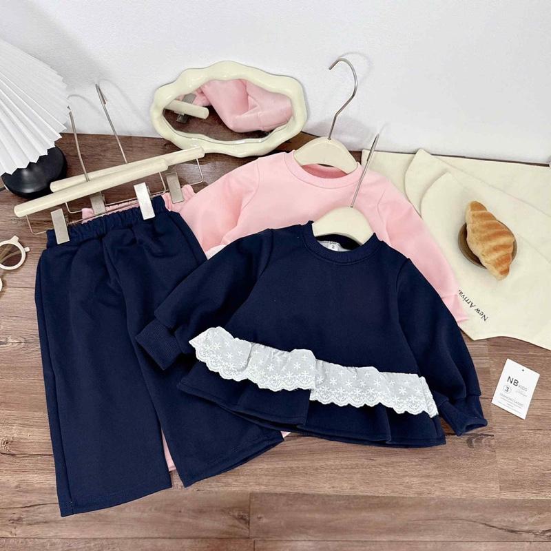   Shopmesockids  Quần áo thu đông Sét áo babydoll viền ren MM mix quần xuông nỉ hai da cho bé gái 