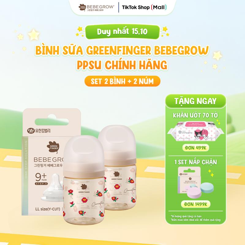 [Combo 2 Bình + 2 Núm] Bình sữa núm ti cho bé Greenfinger Bebegrow chất liệu nhựa PPSU an toàn, chịu nhiệt tốt 160ml/280 khăn ướt, đồ dùng cho bé