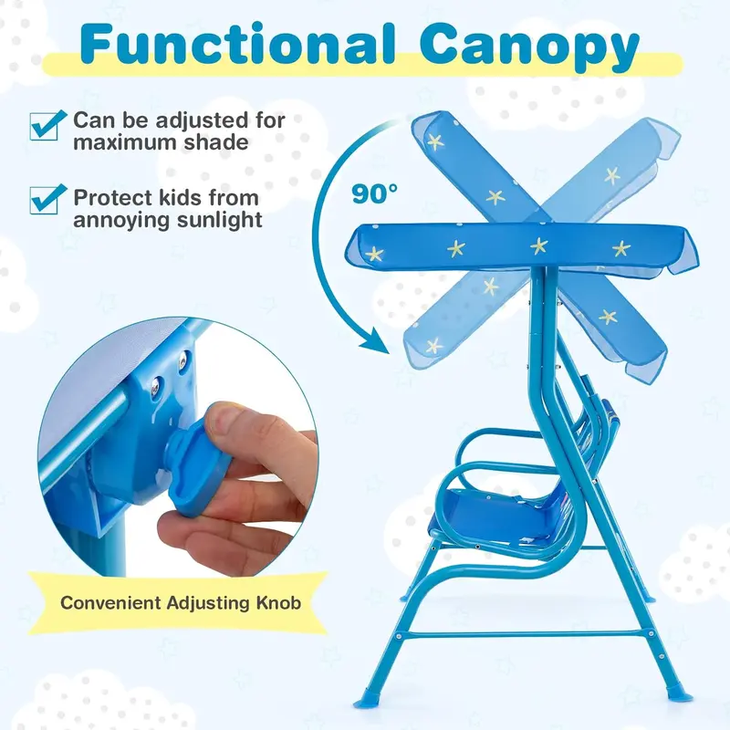GYMAX Kids Patio Swing Chair, 2 Seats Garden Swing Bench with Adjustable Canopy and Safety Belts, Porch Swinging Lounger Seater for Outdoor & Indoor 4
