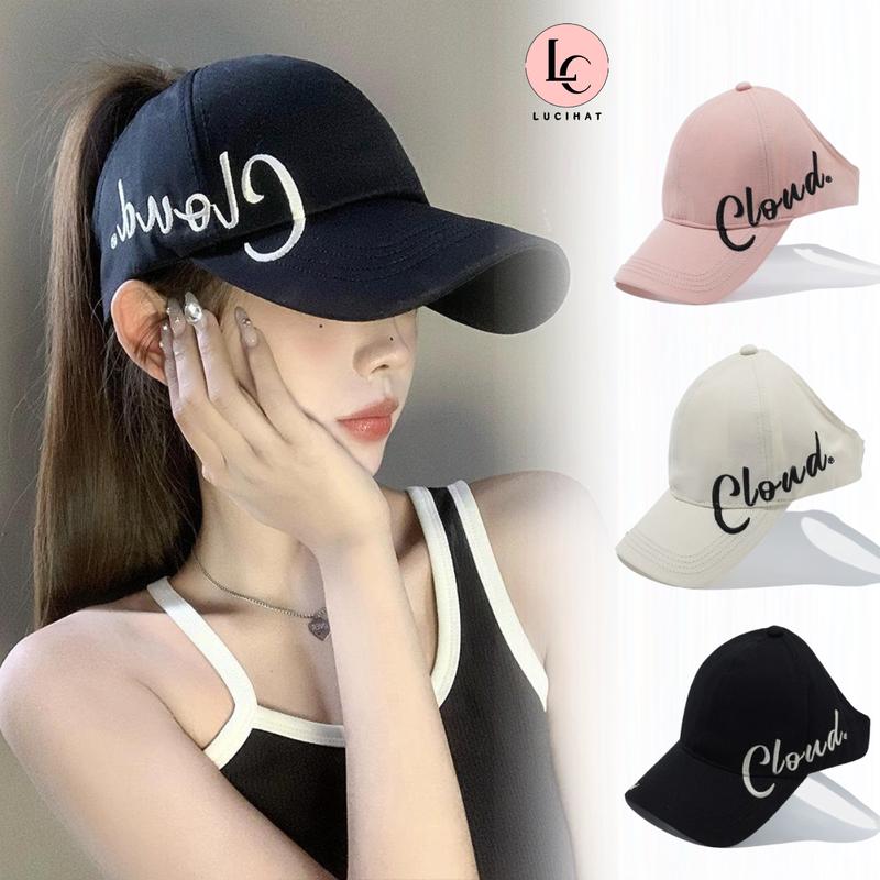 Mũ chống nắng nửa đầu Hàn Quốc mũ lưỡi trai thêu chữ Cloud hở đầu chất kaki vành rộng có quai điều chỉnh tiện ích - Mũ lưỡi trai phong cách cá tính unisex