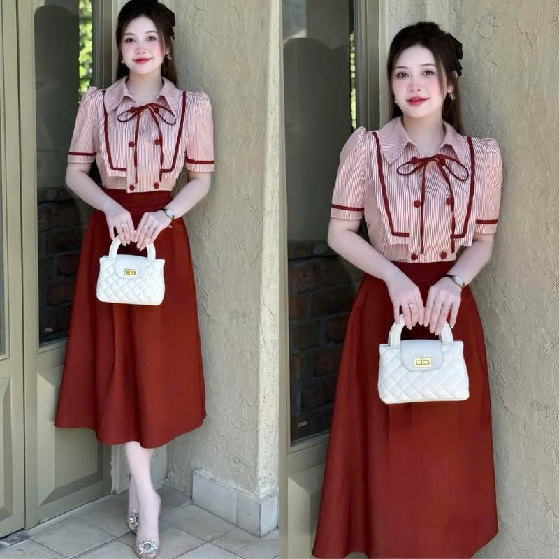 Xả Kho (Bigsize 50-95kg) Set Đầm Váy Dáng Dài Phối Áo Sọc Tay Ngắn Cổ Bẻ Thủy Thủ Thiết Kế Dự Tiệc Nữ Chất Cotton DV110