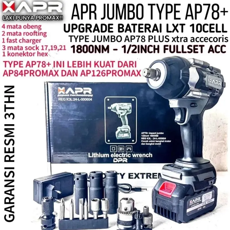 impact apr Jumbo 1/2inch 1800NM AP78+ Plus Upgrade 15cell Bor Adaptor Mata Impact Angin Besar Multicolor mesin  bor impact wrench mesin  bor impact  jld 650nm 0