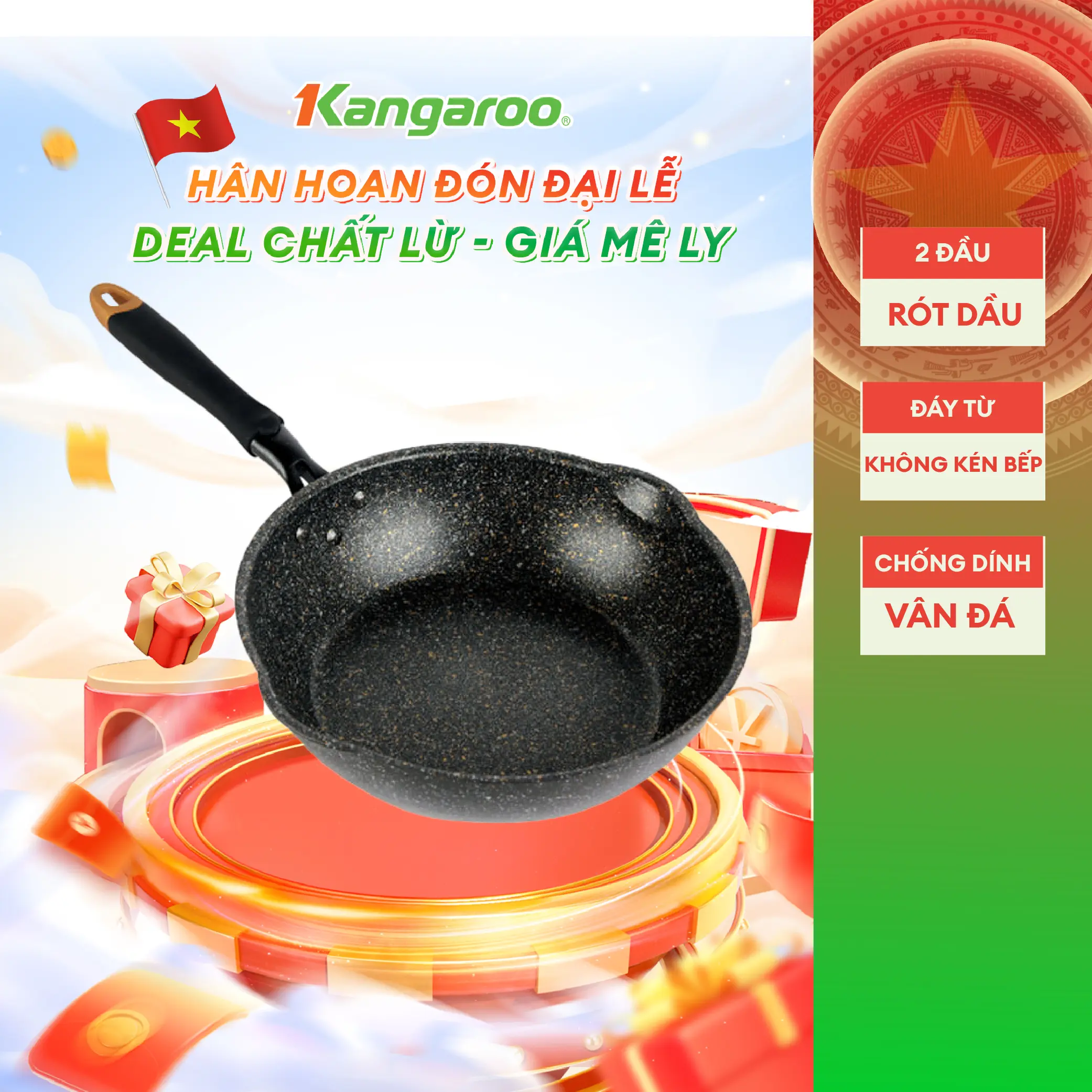 [ L ] [ DEAL HOT] Chảo sâu lòng chống dính vân đá  đáy từ Kangaroo series KG662 (nấu được mọi loại bếp).
