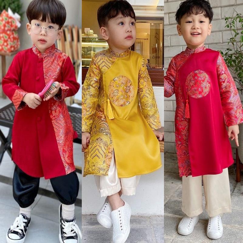   KHÔNG KÈM QUẦN  ÁO DÀI TẾT Đồ Bé Trai Mặc Tết Đức Trí Kids Áo Dài Cách Tân Vải Nhung Đi Chơi Đủ Size Cho bé từ 8 - 25kg 