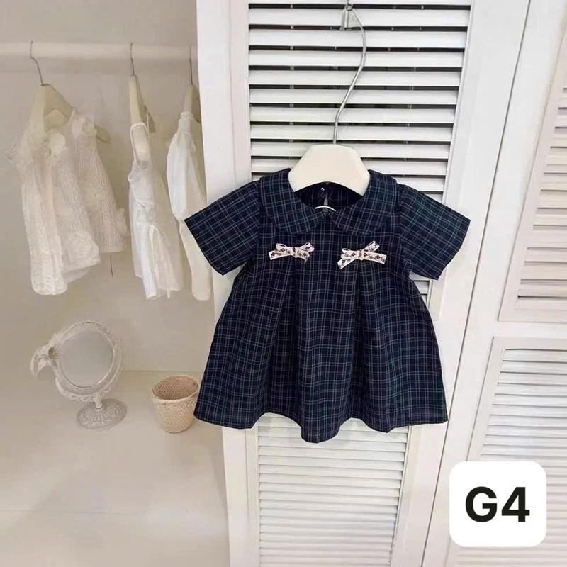   8-35kg -Dung Kids 02 - G4 Váy Kẻ caro Xanh than cổ sen 2 nơ Điệu Đà cho bé gái 