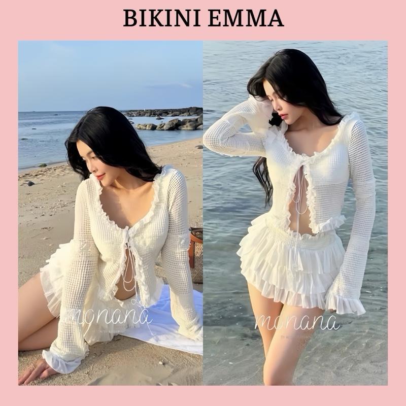 BIKINI EMMA Set Đi Biển Chất Xốp Áo Có Mút Đệm Phối Viền Bèo Chân Váy Tầng Có Quần Liền Bên Trong