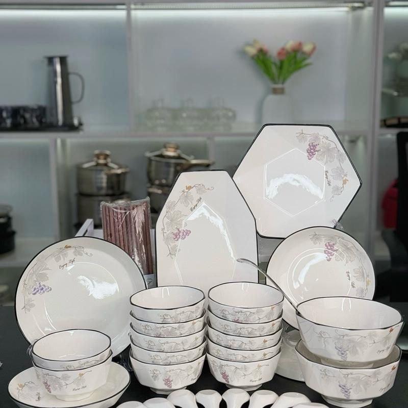 Bộ bát hoa nho vân kim cương 31 chi tiết gốm sứ cao cấp loại 1