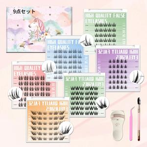 自己粘着式まつげセット9本入り、ナチュラルプリ粘着ラッシュクラスター、グルー不要、軽量で再利用可能、簡単装着で完璧な仕上がり