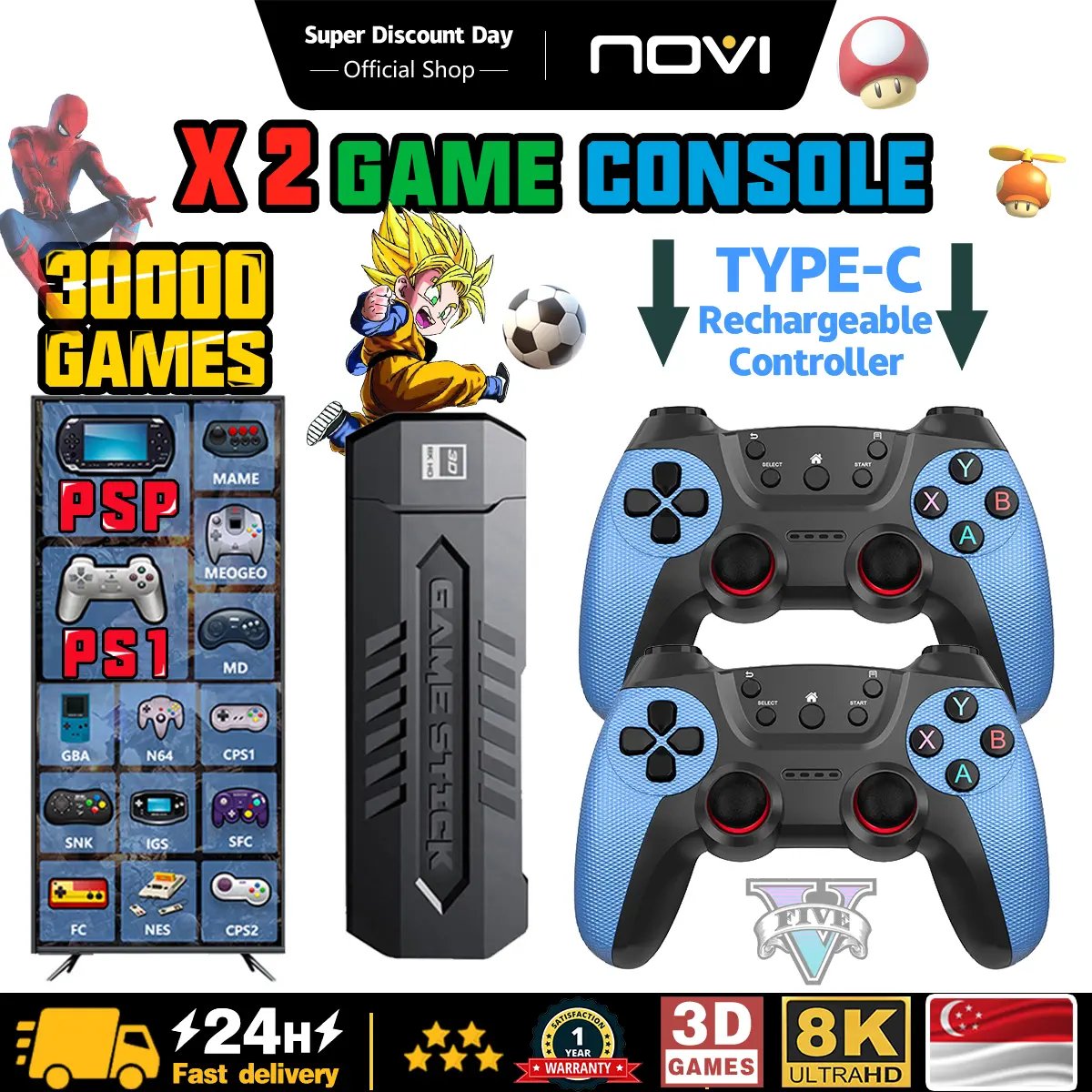 2025 New 4K Video Game 64G Built-in 40000 +Games Rechargeable Handle Retro Game Stick Wireless Controller Supports PS1 PS2 Games