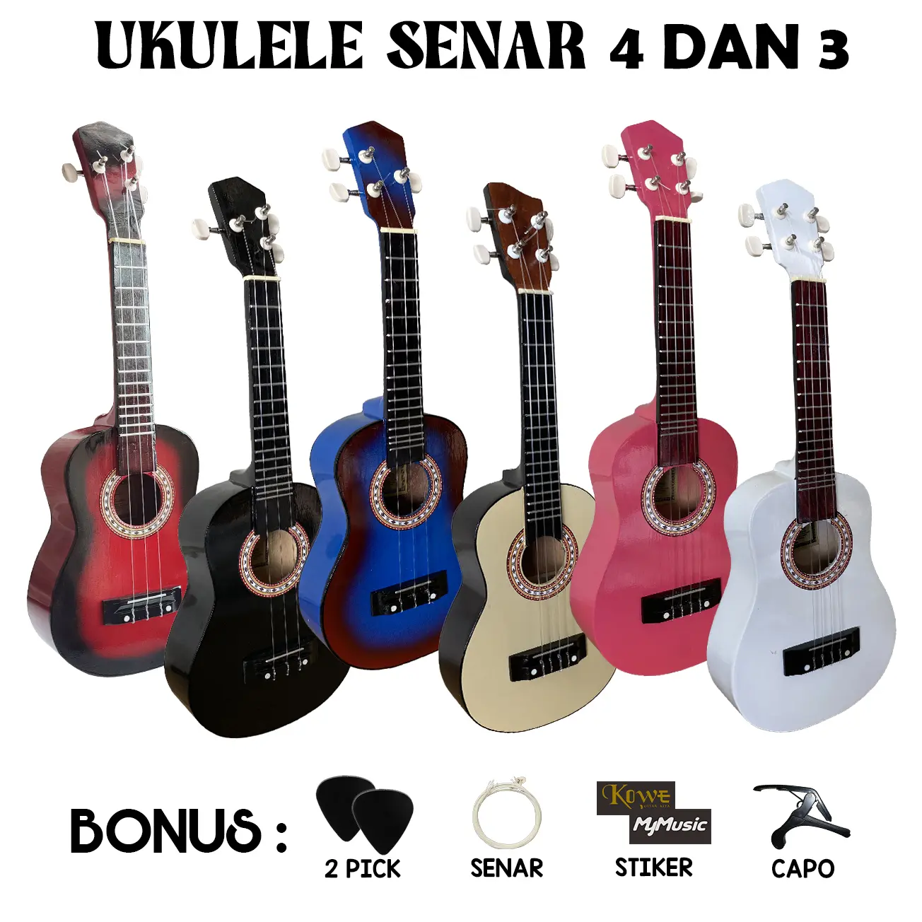 Paket Hemat Ukulele Senar 3 - Dilengkapi Gitar dan Capo
