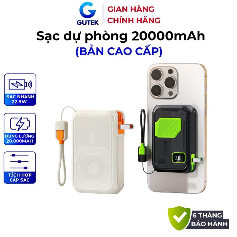 Sạc dự phòng không dây 20000mah đa năng sạc nhanh PD22,5W có sẵn dây sạc điện thoại – Gutek GT39