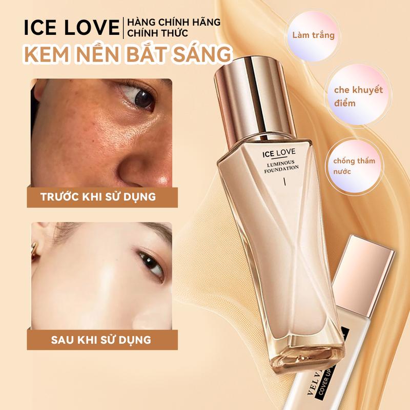 Kem nền ICE LOVE, kết cấu nhẹ nhàng, làm sáng da và nuôi dưỡng, lâu trôi, độ che phủ cao, chống nước và mồ hôi, kiểm soát dầu, dưỡng ẩm và nuôi dưỡng, tạo lớp trang điểm hoàn hảo.