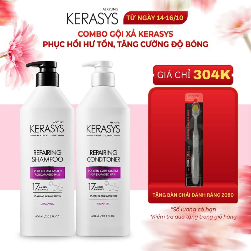 Cặp dầu gội xả Kerasys Repairing Hàn Quốc dành cho tóc khô xơ chẻ ngọn, tóc hư tổn và phục hồi độ bóng, chống tia UV 600ml