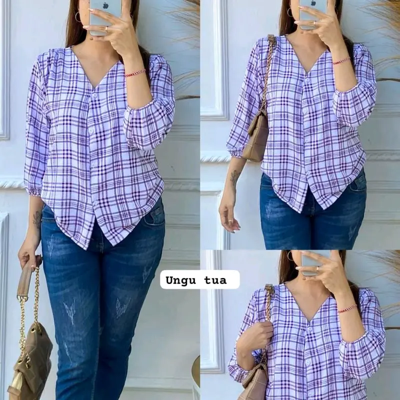 Blouse Kancing Wanita Motif Kotak Ceyflow kringkel Santai 0