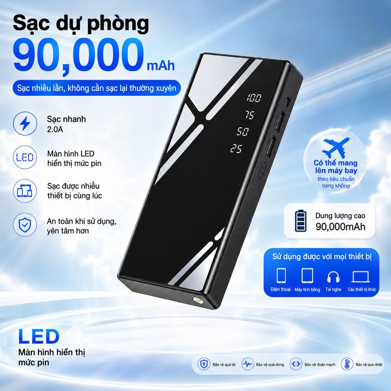 90000MAh Gạo Đen sạc dự phòng Siêu Mỏng Xách Tay Nguồn Điện Trung Tính Quà Tặng Đóng Gói Phổ đầu ra USB kép sạc nhanh Cho Android Apple