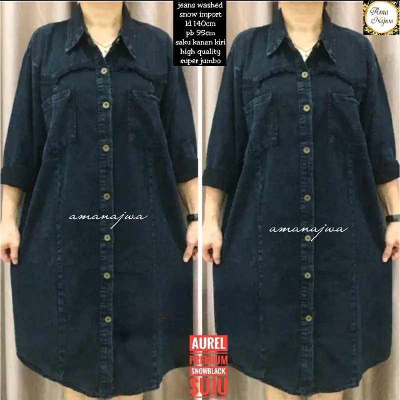 pirlo tunik , aurel tunik TUNIK JEANS JUMBO LD 140 super jumbo || Pirlo tunik jumbo, aurel tunik jumbo , retree tunik jumbo by ama najwa bahan jeans premium kancing aktiv 5