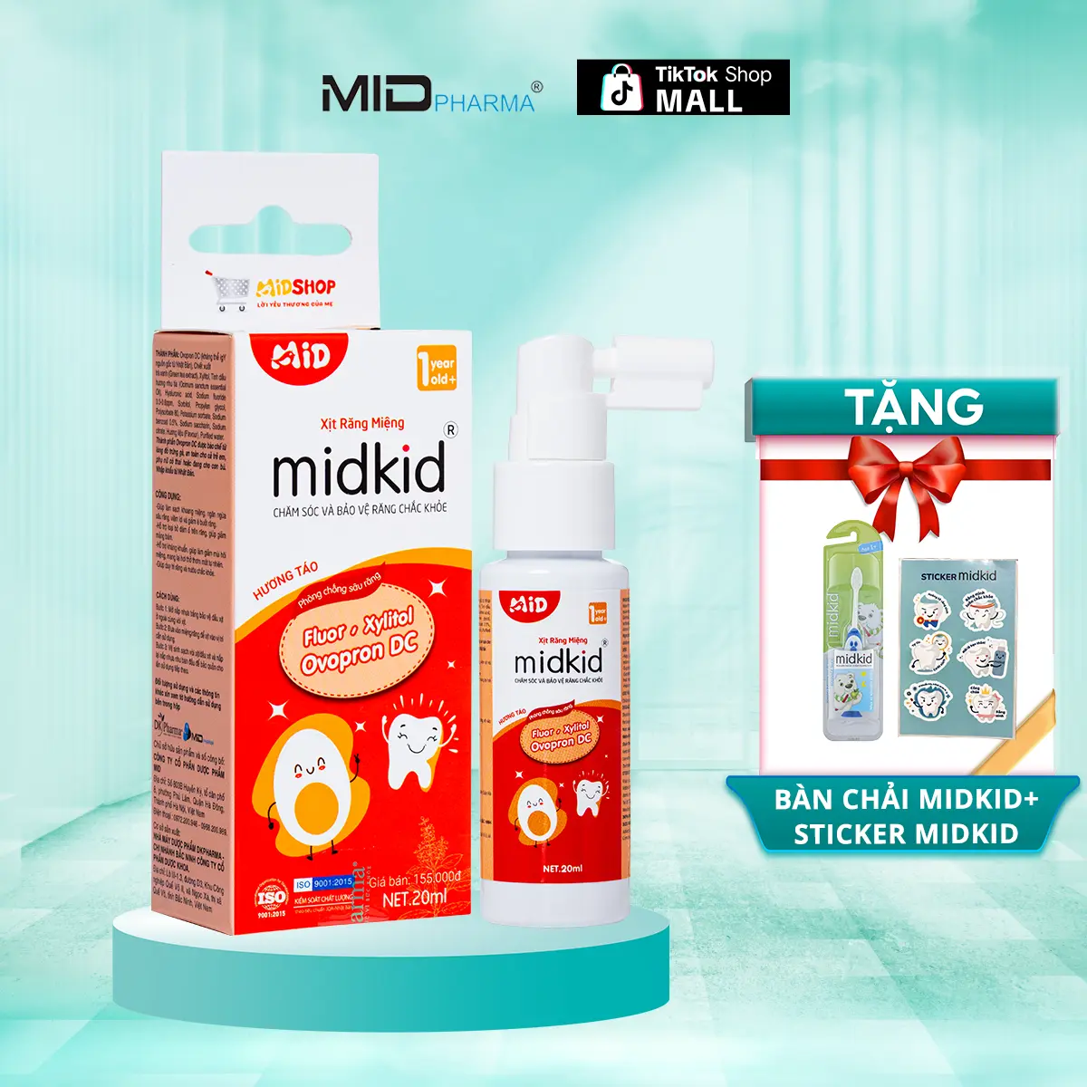 Xịt chống sâu răng MIDKID vị táo 20ml cho bé từ 1 tuổi, vị ngọt thơm, nuốt an toàn - Tặng Bàn chải thẳng + Sticker
