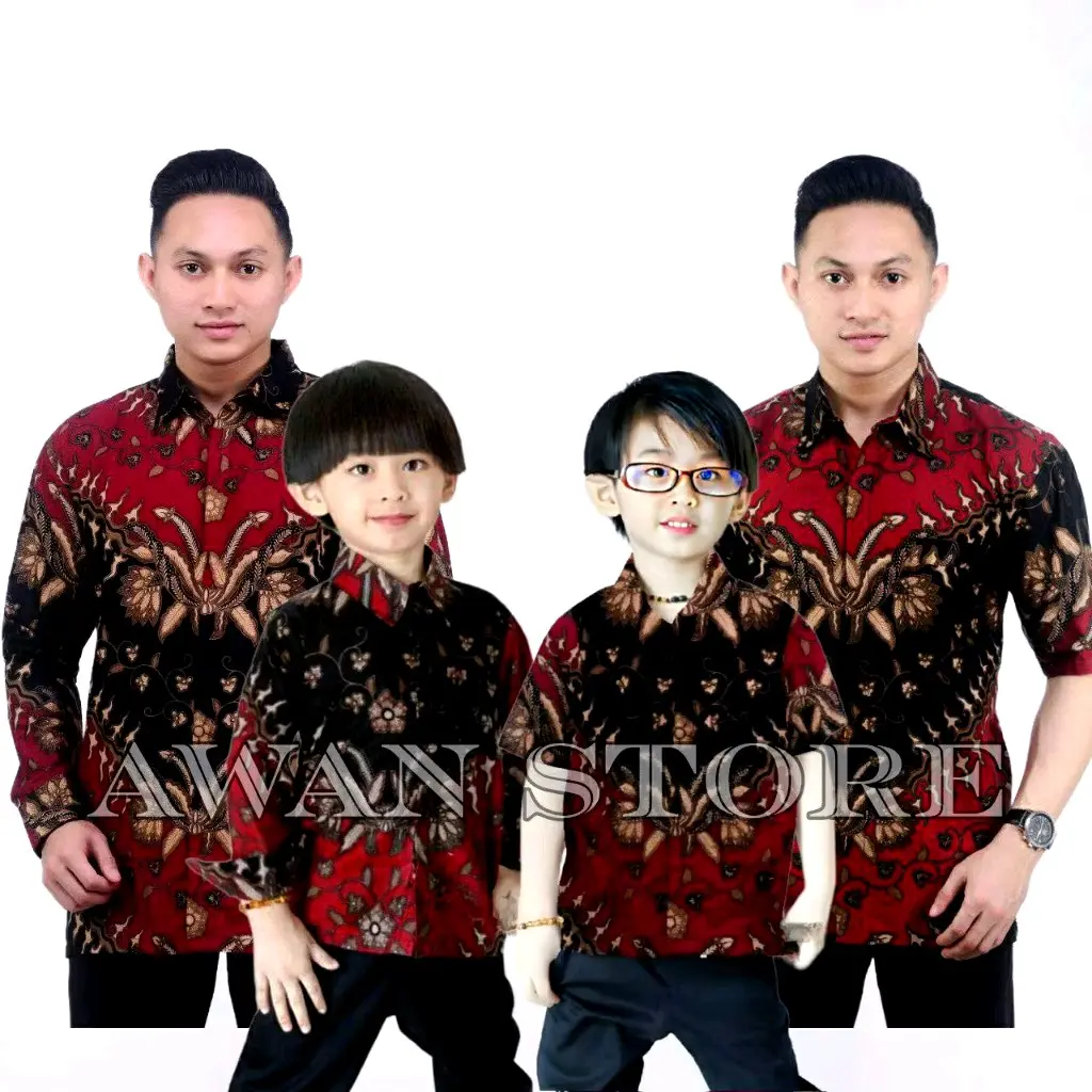 Baju batik couple ayah dan anak kemeja lengan panjang dan hem lengan pendek KERIS MERAH