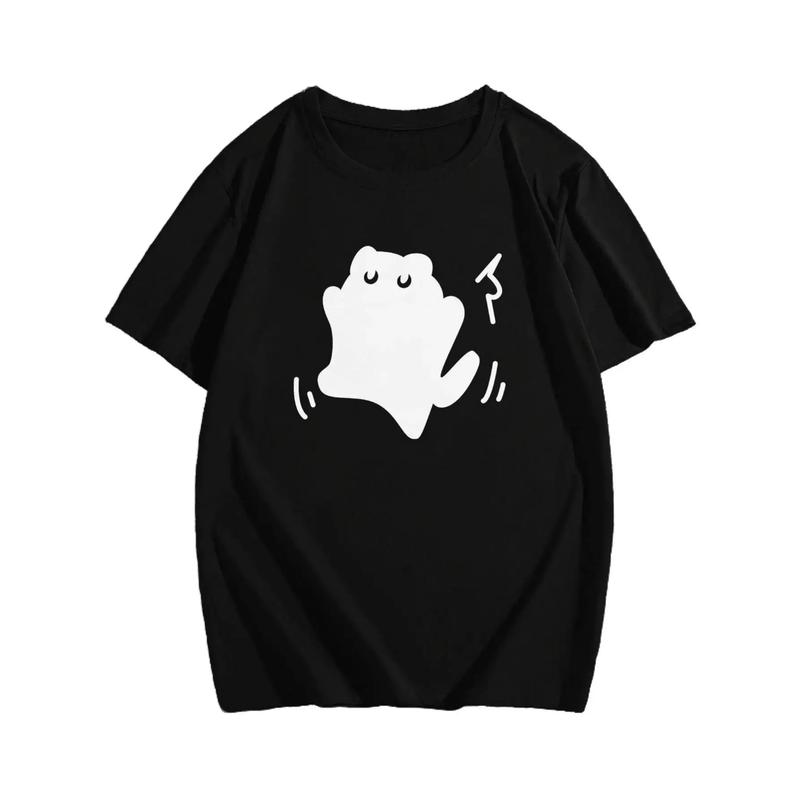 Men's short-sleeved t-shirt in solid color, with cute black cat print, fashionable cartoon design, breathable and comfortable, suitable for daily wear to work.