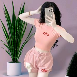 [Size S, M] Set Phối Áo Croptop Borip Ôm Body Form Basic In Hình ALO Phối Quần Đùi Da Cá Đính Gấu Bông In Số 27, Nữ Kem Women Pants Thun Cổ Tròn