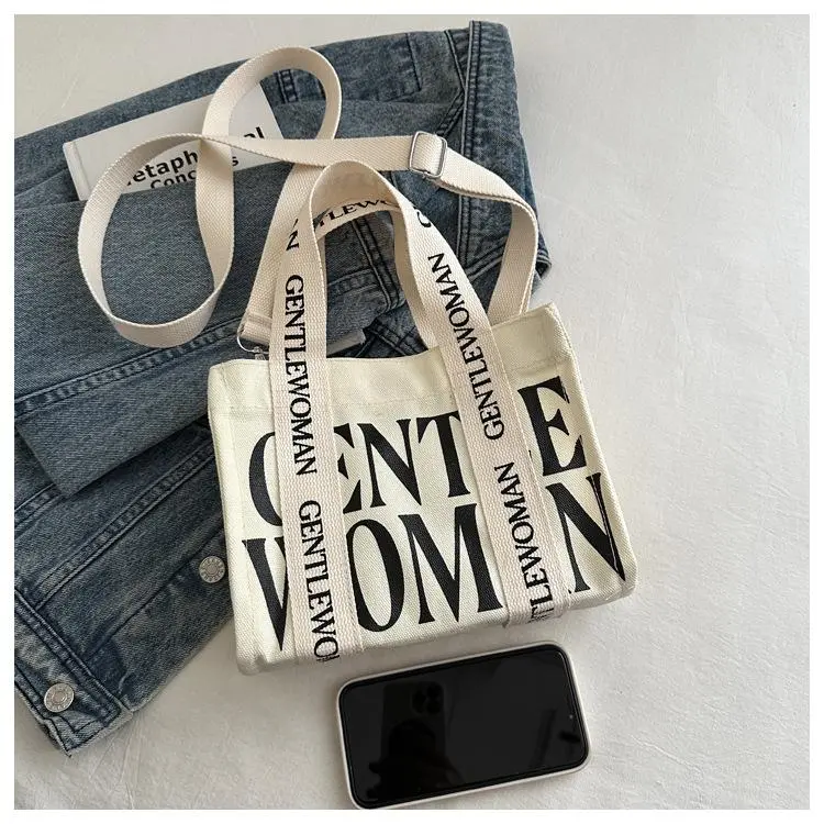 Printed Letter Handheld Canvas Bag 2024 New Large Capacity Letter Tote Canvas Bag