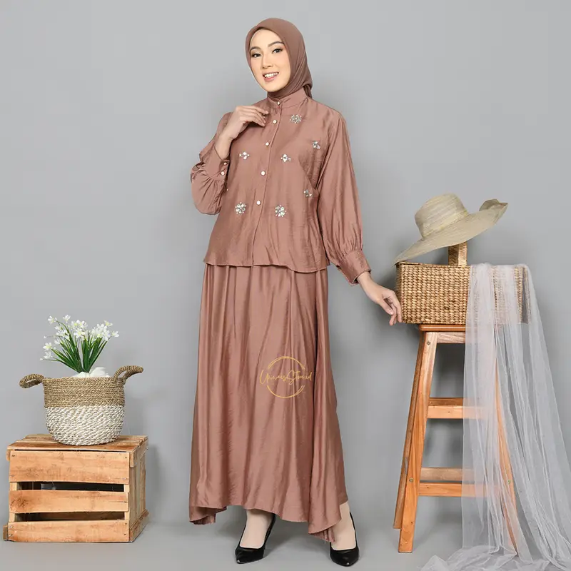 CLARA One Set Wanita Payet Mewah Linen Setelan Atasan Rok Kekinian 6