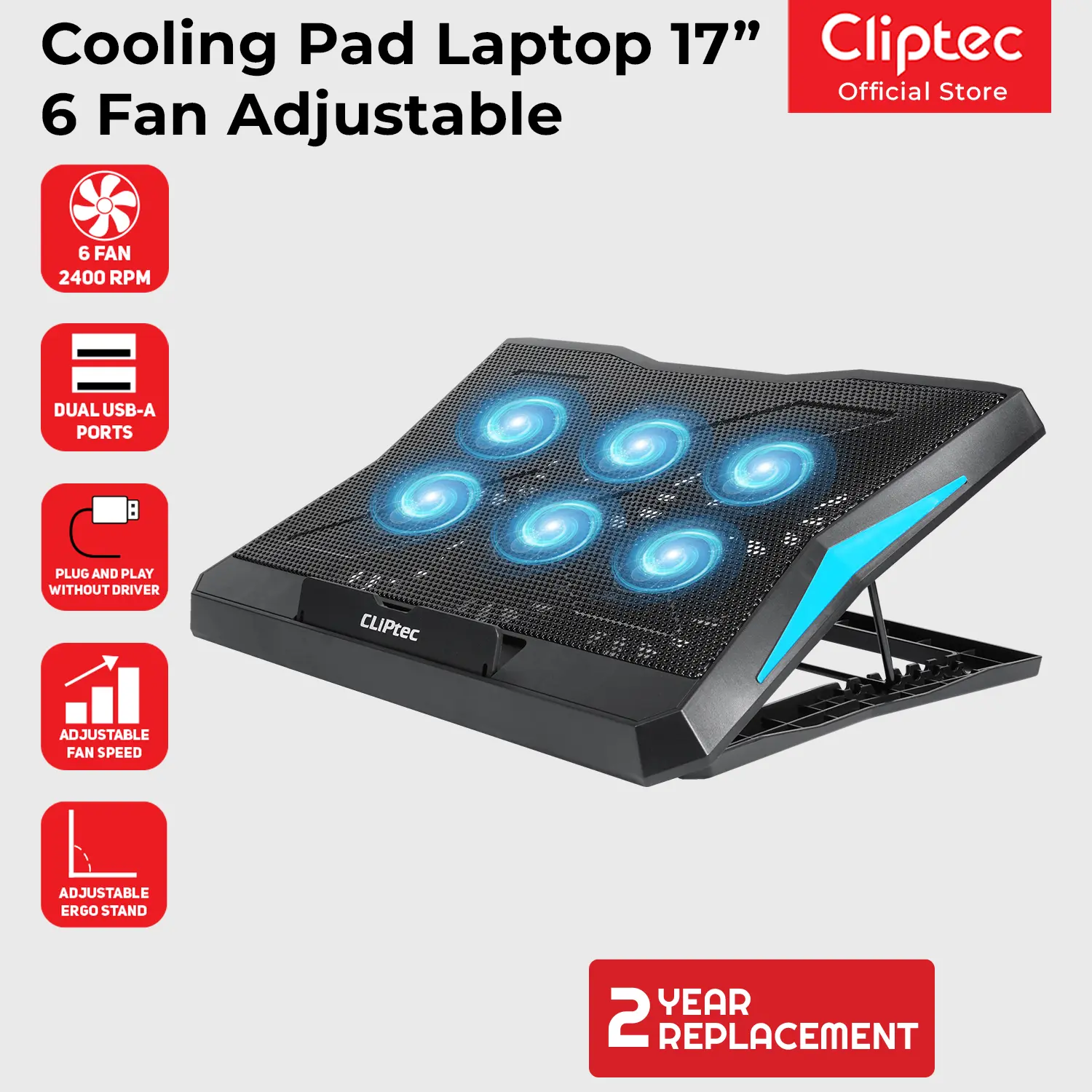 Cooling Pad Laptop 6 Fan Adjustable Ergostand 17" Dual Port USB HUB CLIPtec RZC180 Computer