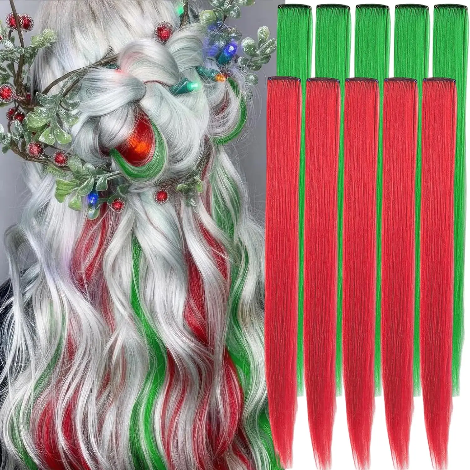 10 pieces of red+green hair extensions for parties, 1 piece of floral wreath accessory, colored hair clip on synthetic hair extensions, colored straight hair accessories, suitable for New Year's parties, holiday parties, decoration