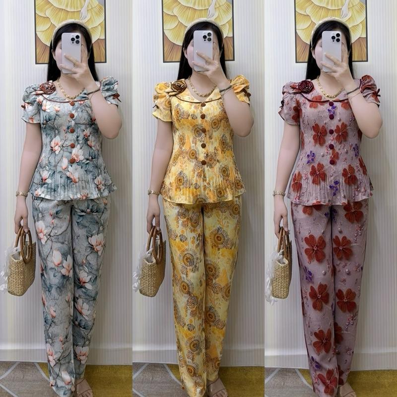   Quần dài- ống nhỏ  sét bộ cổ sen viền đính bông chất mango mềm nhẹ mát Kem Áo Nhung Voi Top set  dạ đồ đẹp 
