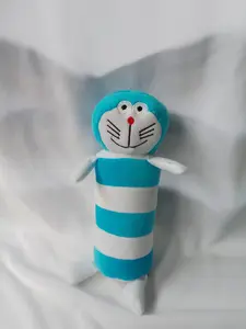 Boneka Guling Karakter Doraemon Mini 30cm Lucu dengan Desain Garis Biru Putih dan Wajah Senyum Menyenangkan