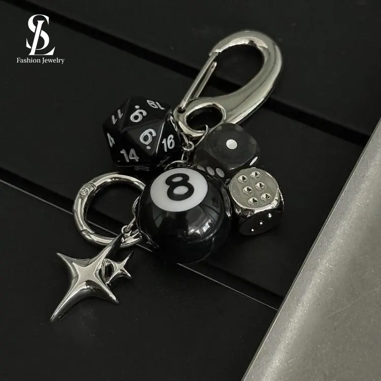 LL'S Climbing Button Carabiner Black 8 Ball Dice String XINGX Pants Double Keychain Handbag Pendant Waist Pendant Accessories Neutral Y2K hook  loop