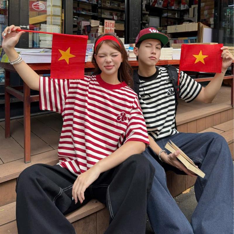 AB HOUSE - Áo thun sọc form rộng thêu nổi thời trang nam nữ