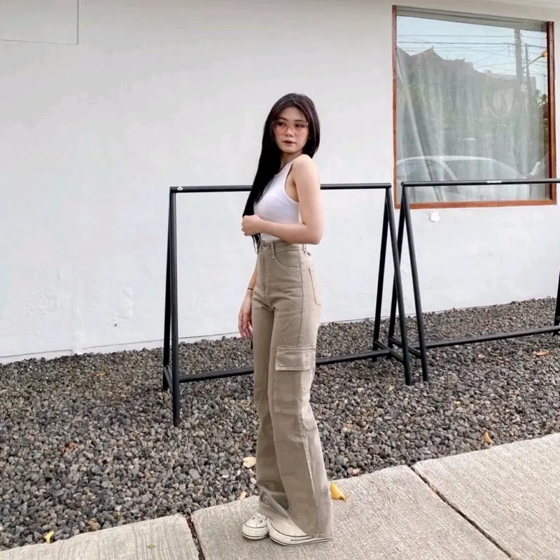 Celana Cargo Jeans Highwaist Korea Style Cargo Hangeover Celana Perempuan Panjang Wanita Boyfriend