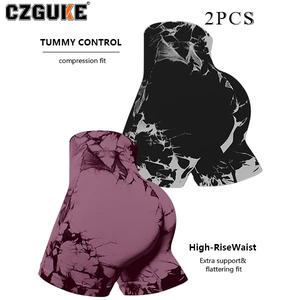CZGUKE conjunto de dos pzas para mujer: pantalones y shorts deportivos sin costuras con efecto tie-dye, cintura alta y realce de glúteos, shorts ajustados sexys con forma de melocotón para correr