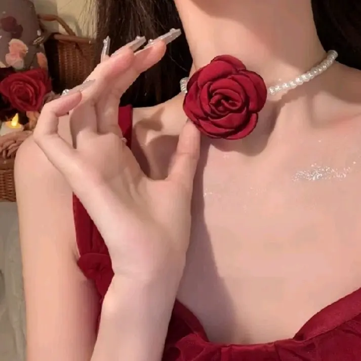 Florina Fashion - Kalung Mutiara Hias Bunga Mawar Merah Klasik Glamour Fashion Korea