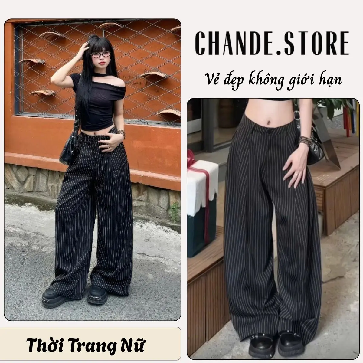 Quần ống rộng kẻ sọc Striped Pants trẻ trung phong cách Hàn Quốc QX14 CHANDE STORE