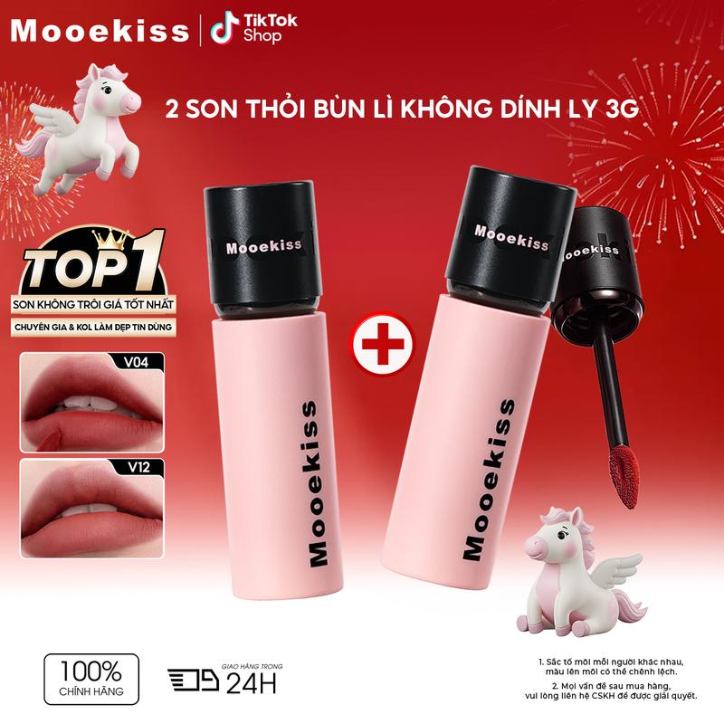 Combo Son Bùn Lì Mooekiss Chất Nhung Mịn Finish Lì Mờ Dưỡng Ẩm Bền Màu Lâu Trôi Tôn Da Sáng Che Phủ Rãnh Môi 3g*2 