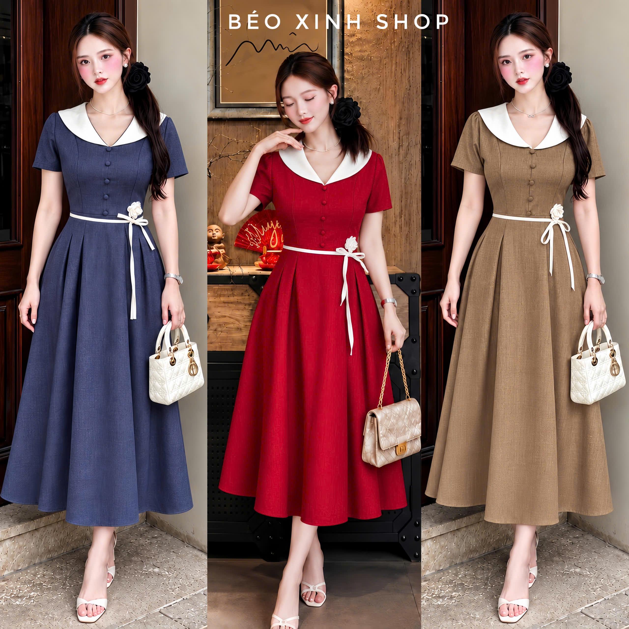 Đầm Xòe Linen Pháp Cổ Sen Phối Trắng, Váy Dài Dự Tiệc Có Bigsize 40-90kg Thời Trang Nữ Béo Xinh Shop - B.1916