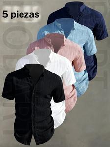 Pack de 5 camisas para hombre de manga corta para verano: ligeras y transpirables, de color sólido, abotonadas; ideales para vacaciones en la playa, fiestas en la alberca y atuendo casual; regalo para esposo.