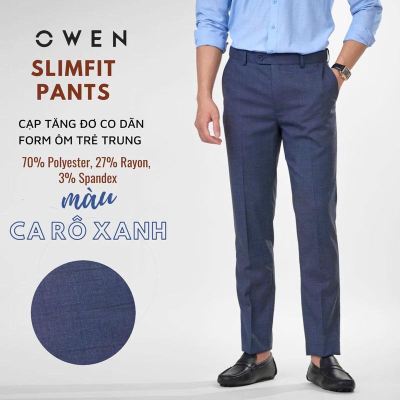 OWEN - Quần âu nam Dáng SLIMFIT  242408 KẺ CA RÔ XANH cạp tăng đơ co dãn Menswear Pants quana  unam