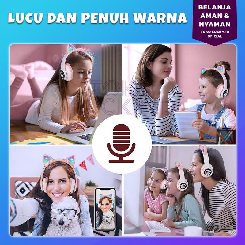 Headphone Wireless Bluetooth Headset Cat Ear Telinga Kucing Gaming LED Stereo Bass Earphones 2