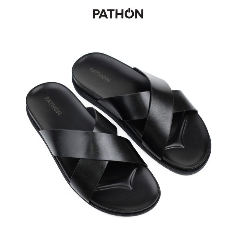 SD94 - PATHON Dép da nam quai ngang Pathon quai chữ X màu đen đế TPR 2 lớp màu đen