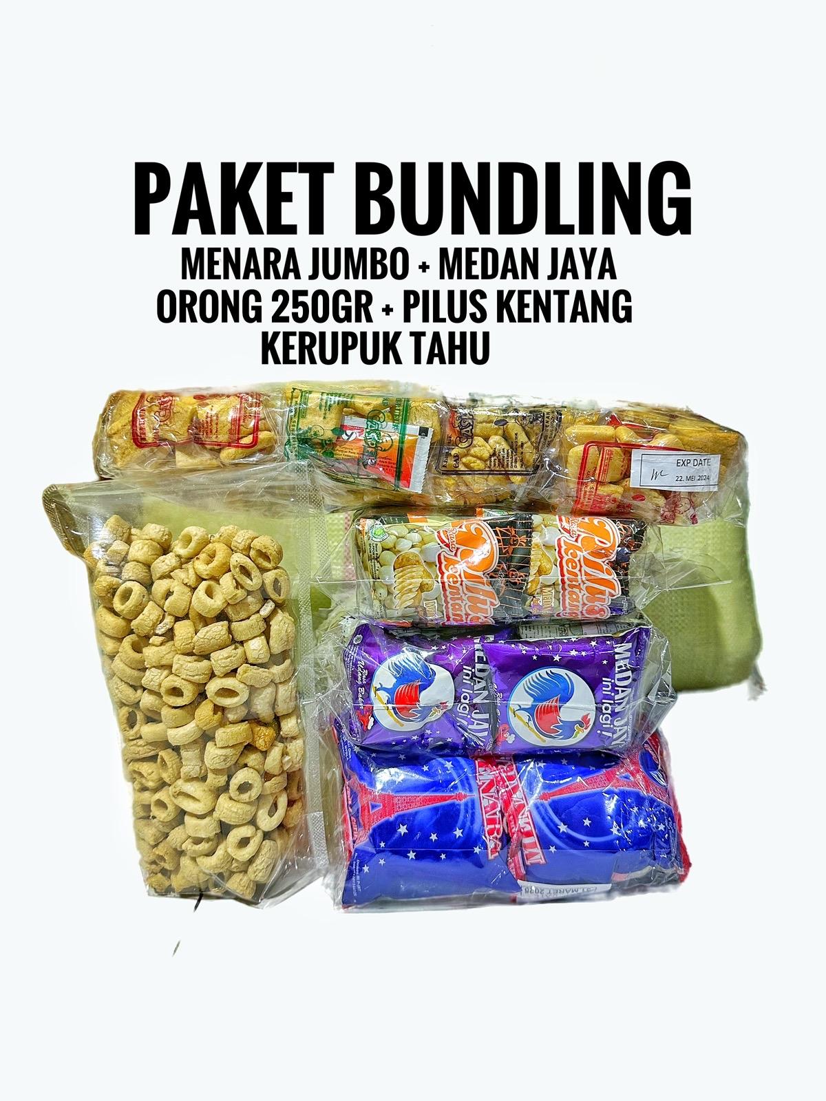 PAKET HEMAT 5 SNACK/CEMILAN (MENARA JUMBO, MEDAN JAYA, PILUS KENTANG, 250GR ORONG-ORONG DAN KERUPUK TAHU)