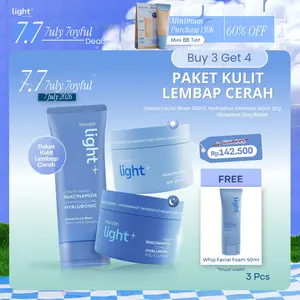 Light+ Paket 3 pcs Low pH Nano Niacinamide Hyaluronic Gentle Face Wash, Hydrashot Intensive & Glowshot Day Moist, Bright Pelembab Facial Night Cream BPOM Sabun Cuci Muka Normal Kering Lightening Light Plus Light+ Lite Liteplus Lite+ Skincare