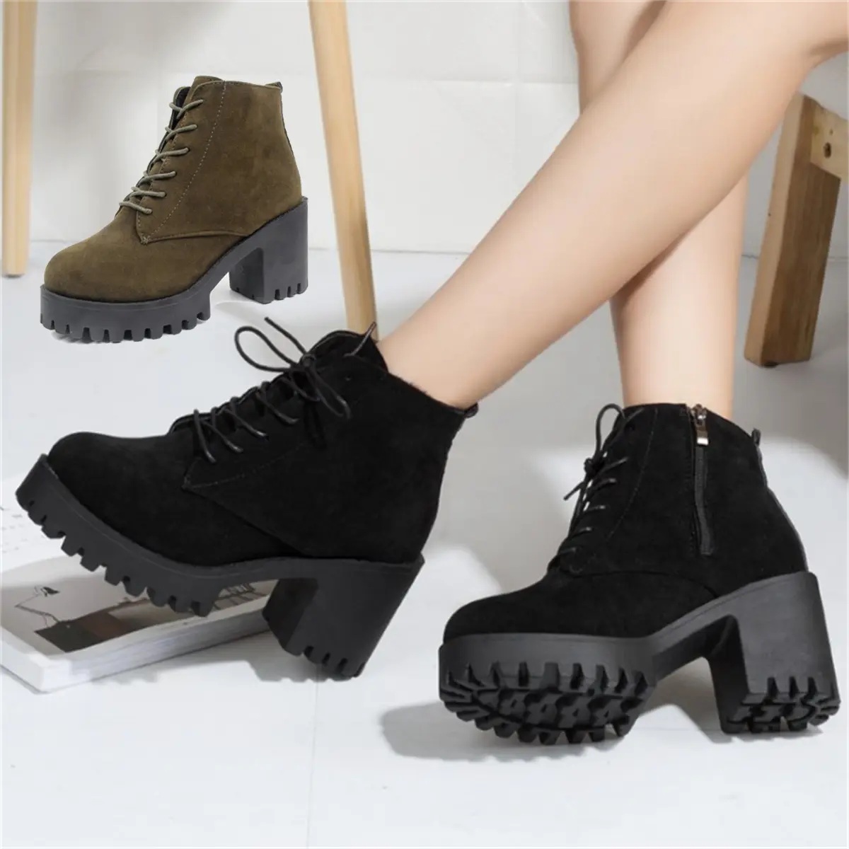 Size 35-42 Women's Low Barrel Thick Heel Short Boots High Heel Martin Boots Causal Lace Up Shoes